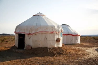 Yurts at the Colored Rocks for Tourists Near the Wu Cai Wan Campsite in the Gobi Desert, Xinjiang, Western China