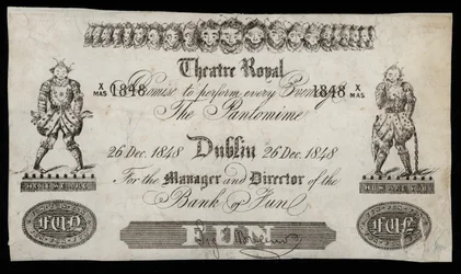 Advertisement for a pantomime at the Theatre Royal, Dublin, based on a Bank of Ireland banknote