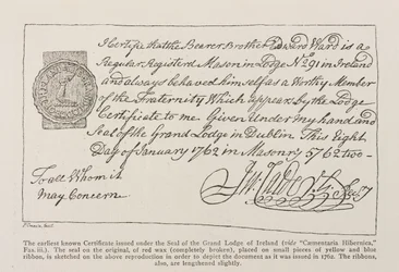 Facsimile of the earliest known Certificate issued under the Seal of the Grand Lodge of Ireland, dated 1762