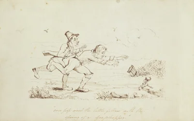 Over Pop Went the Little Fellow with the Spring of a Grasshopper, Book Illustration Showing Two Irishmen Chasing a Leprechaun, 19th Century
