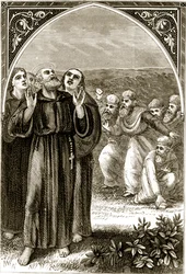 St. Columba Chanting, and Attacked by the Druids, from The Trias Thaumaturga, or Three Wonder-Working Saints of Ireland, by Mary Cusack (1829-99) Published c.1890s