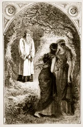 St. Patrick Met by Virgins in the Wood of Fochlut, from The Trias Thaumaturga, or Three Wonder-Working Saints of Ireland, by Mary Cusack (1829-99) Published c.1890s