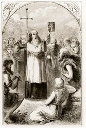 St. Patrick Showing the People of Ireland the Four Gospels, from The Trias Thaumaturga, or Three Wonder-Working Saints of Ireland, by Mary Cusack (1829-99) Published c.1890s