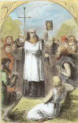 St. Patrick showing the people of Ireland the Four Gospels, from The Trias Thaumaturga, or Three Wonder-Working Saints of Ireland, by Mary Cusack
