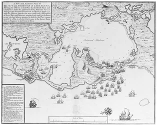 A New and Accurate Plan of the City and Harbour of Cartagena, Showing the Descent of That Place by the British Fleet and Land Forces, Under the Command of the Admirals Vernon and Ogle and General Wentworth in March & April 1741