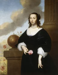 Portrait of a Lady, standing three-quarter length, wearing a Black Satin Dress with White Lace Trim