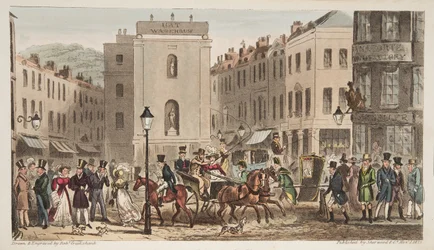 Milsom Street & Bond Street with Portraits of Bath Swells, from The English Spy