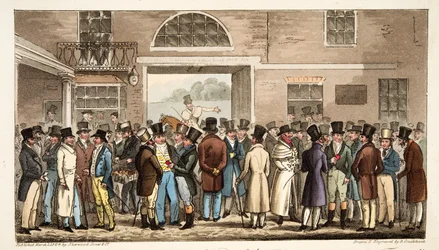 Monday after the Great St Leger, or Heroes of the Turf Paying and Receiving at Tattersalls, from The English Spy