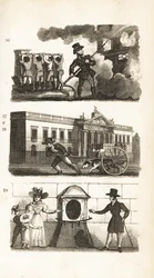 The Fire-Engine, Drawing Goods on a Truck, East India House and London Stone