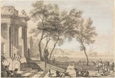 Fantastic Harbor Scene with Architecture and Figures, 1713
