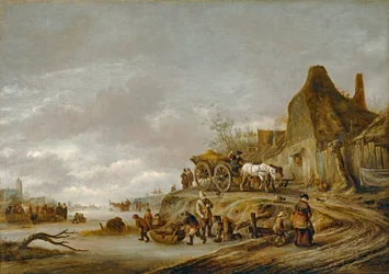 Frozen Canal with Cart Descending a Path