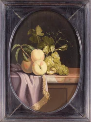 Peaches, Grapes and Walnuts on a Draped Ledge