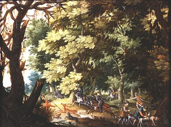A Wooded Landscape with Hunters and Hounds