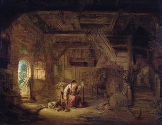 Interior of a barn with an old woman at a distaff