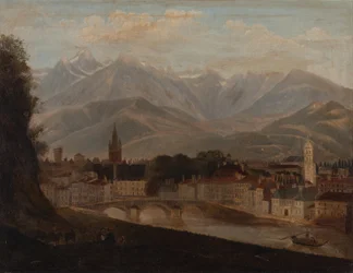 View of Grenoble, the Belledonne mountain range in the background