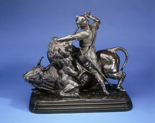 A King killing a lion attacking a bull