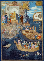 Miniature depicting a scene by the water