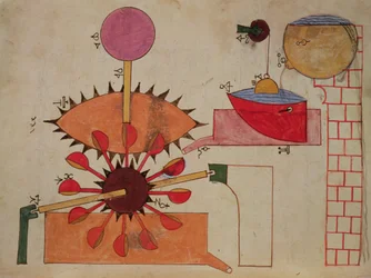 Diagram of a system for pumping water into a basin, from Book of Knowledge of Ingenious Mechanical Devices by Al-Djazari