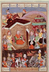 Islamic Art: “Sohrab (Saharab) looks at the black tent of the leaders of the Persian army”. Persian miniature from a manuscript of the epic poem “Shahnameh” (Shah Nama, Shahnama) (Book of Kings) by Ferdowsi (Firdawsi, or Ferdawsi, or Firdousi, ca. 6