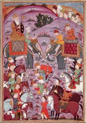 The First Meeting of Roustam and His Aieul Sam. Persian miniature from a manuscript of the epic poem 