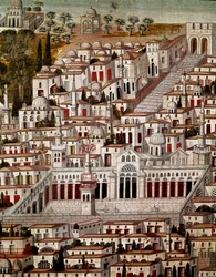 Islamic Art: View of Damascus with the Great Mosque of the Umayyads of Damascus (705-715). Anonymous Syrian painting of the 17th century. Syria, Damascus, Azem Palace or Azm.