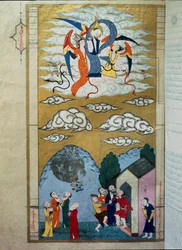 Islamic Representation of the Ascent of the Prophet Isa (Jesus). Miniature from the manuscript 