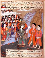 Islamic representation of Adam and Eve hunts from Earth Paradise by Archangel Gabriel. Miniature from the manuscript 