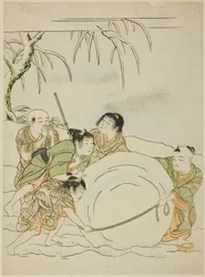 Five Young Boys Rolling a Large Snowball