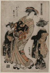 The Courtesan Kichijuro of Kage Manjiya with Two Kamuro (from the series Models for Fashions: New Designs as Fresh as Young Leaves)
