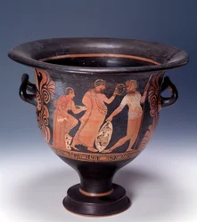Krater from Cumae representing an offering scene (terracotta, 320-310 BC)