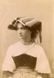 Young Woman Wearing Traditional Dress and Headpiece, Roman Countryside, Lazio, Italy, ca 1905