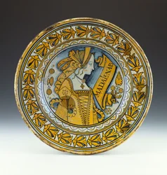 A Deruta Blue and Gold Lustred Portrait Dish Depicting a Young Woman in Profile, c.1525