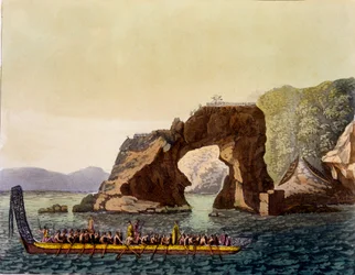A Maori fortified look out point in New Zealand, combined with Maori War Canoe, 1820s-30s