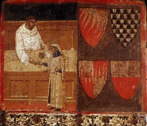 A tax collector and a taxpayer. Anonymous painting on wood decorating a Biccherna, the cover of the accounting register of the city of Siena, from 1340. National Archives - Museo delle Tavolette di Biccherna, Siena.