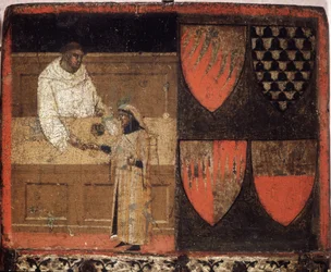 A tax collector and a taxpayer, Biccherna (cover of the accounting register of the city of Siena) from 1340. National Archive - Museo delle Tavolette di Biccherna, Siena.