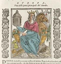 Allegory of Europe in the form of a richly clothed woman, crowned, surrounded by horns of abundance. Plate taken from 
