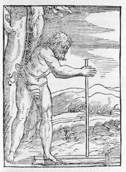 An Indian Tainos lighting a fire by rubbing two pieces of wood. Engraving from 