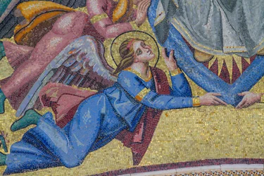 Angel, detail from Assumption of Mary into Glory, mosaic, gable of central entrance in facade of Orvieto Cathedral, Umbria, Italy