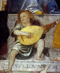 Angel musician playing lute. (detail)