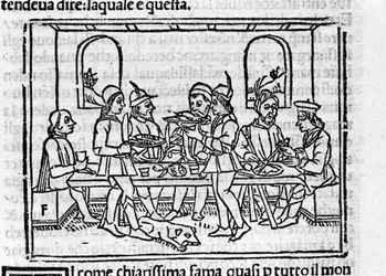 Banquet scene in the presence of members of the Florentine nobility. Illustration for the Decameron by Giovanni Boccaccio, Italian writer