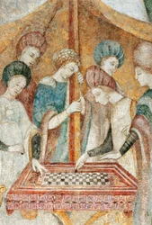 Bicocca degli Arcimboldi: 15th century fresco, detail of the game of checkers (detail)