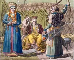 Buryat Family in an Interior, from Costume dei... by Giulio Ferrario, c.1820s-30s