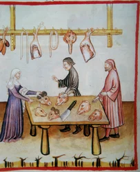 Butchering animal heads, Tacuinum Sanitatis, Codex Vindobonensis Series Nova 2644
