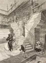 Castle Courtyard, Medieval Village in Turin, Italy, Engraving by Bonamore
