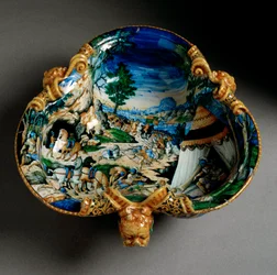 Ceramic cup in the shape of a decorated trefoil, depicting Hannibal during the crossing of the Alps, produced in Urbino in the Fontana workshop, Italy. Circa 1550, Florence, Museo Nazionale del Bargello