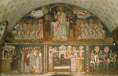 Christ enthroned between the Virgin, John the Baptist, the Apostles and two Angels
