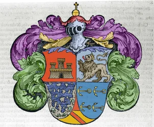 Coat of Arms of Navigator Christopher Columbus: Engraving from the Book Navigationi and Viaggi