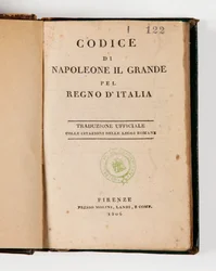 Code of Napoleon the Great for the Kingdom of Italy, open at the titlepage, published Firenze, Molini, Landi et Cie, 1806