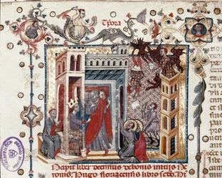 Simon Magus, the Emperor Nero, and the Apostles, miniature from Speculum Historiale, Part I, by Vincent de Beauvais
