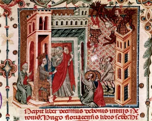 Simon Magus, the Emperor Nero, and the Apostles, miniature from Speculum Historiale, Part I, by Vincent de Beauvais